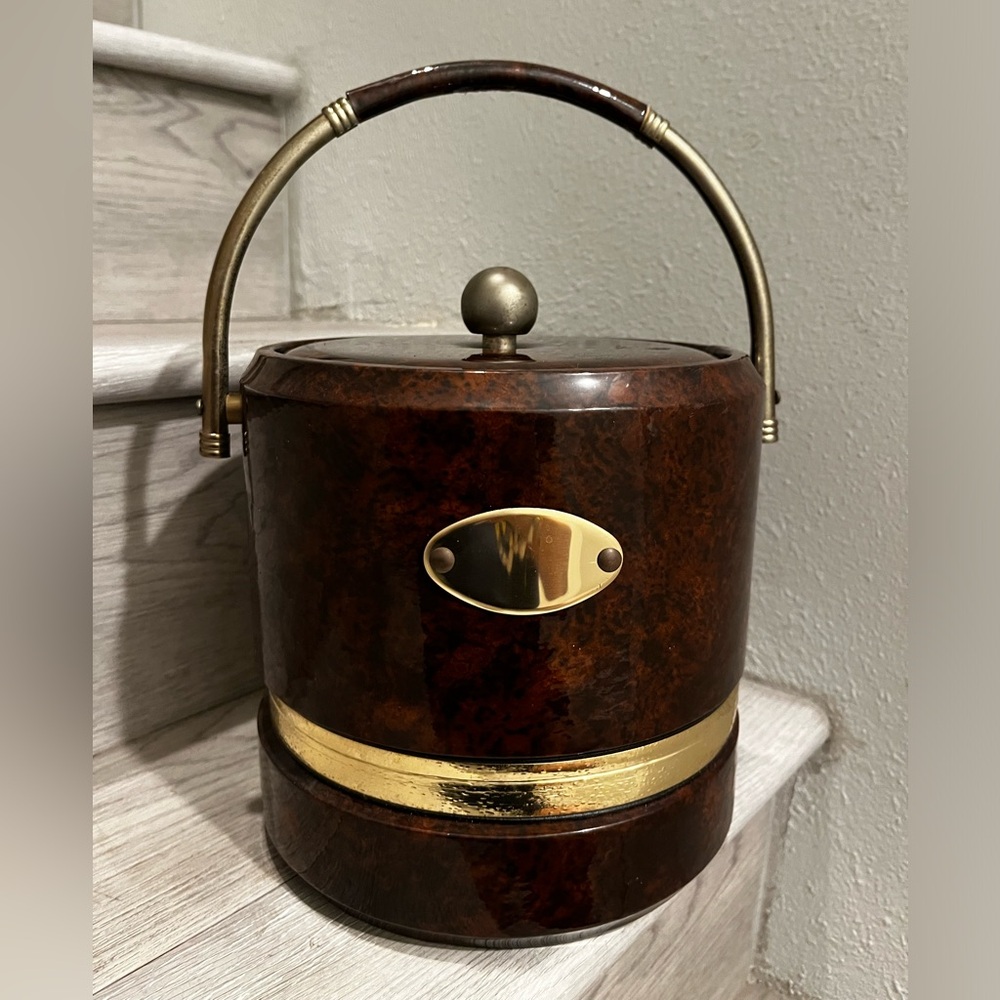 Mid-Century Italian Faux Briar Plastic Ice Bucket with Top, 1970s